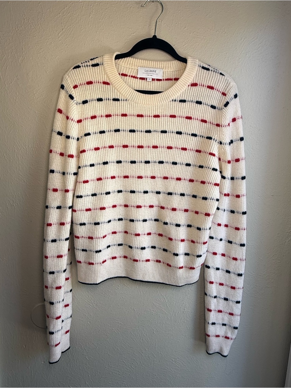 La Ligne Cream Stripe Knit Sweater with Red & Navy Dots